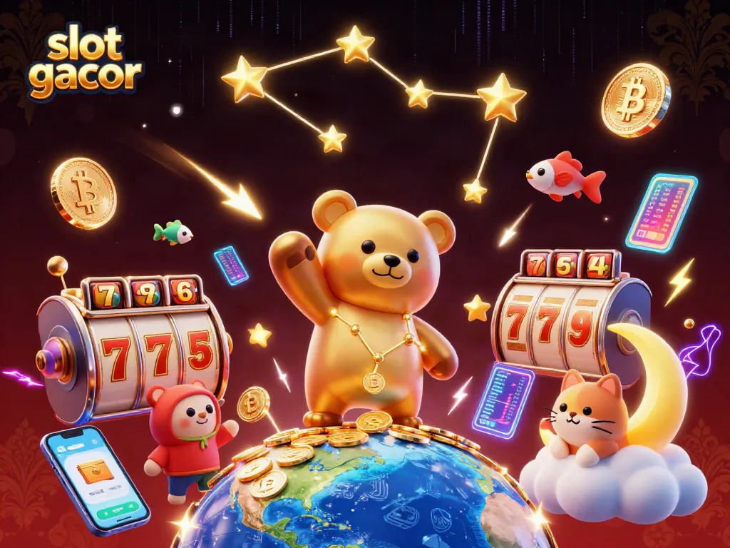 Experience the thrill of slot gacor with a 3D cartoon constellation bear collecting coins amid vibrant casino-themed elements.