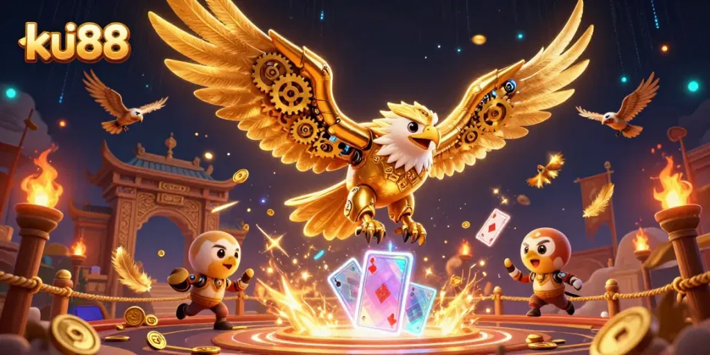 Experience the thrill of ku88 with a vibrant 3D illustration of a diving golden eagle amidst playing cards and casino elements.