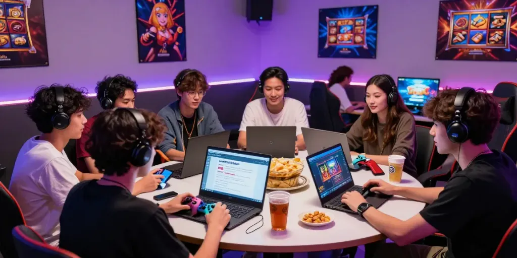 SAPPORO88 link discussion in a vibrant gaming lounge with diverse young adults.