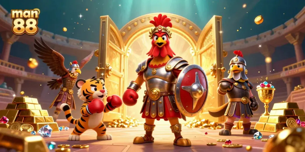 Engage with thrilling action at man 88, featuring dynamic casino games and animated characters in a rich, vibrant scene.