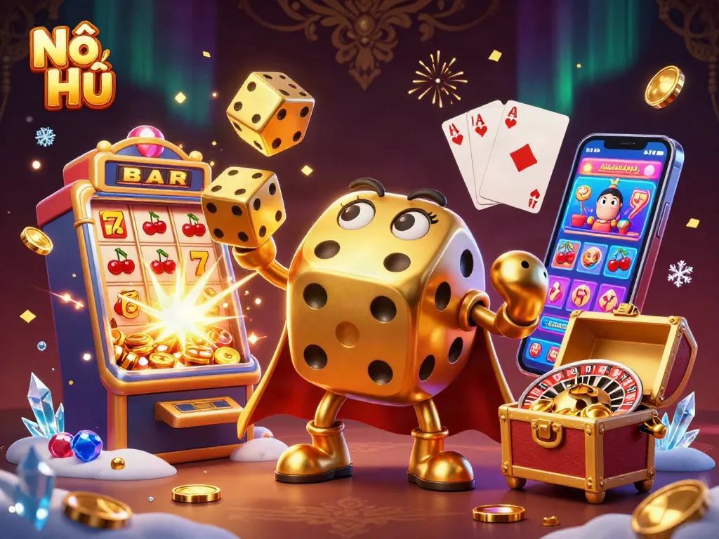 Nổ Hũ slot scene featuring vibrant golden dice and jackpot explosion in a rich casino environment