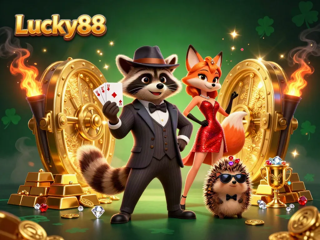 Experience the thrill of Lucky88 with a suave raccoon, elegant fox, and a bouncer in an extravagant casino scene.