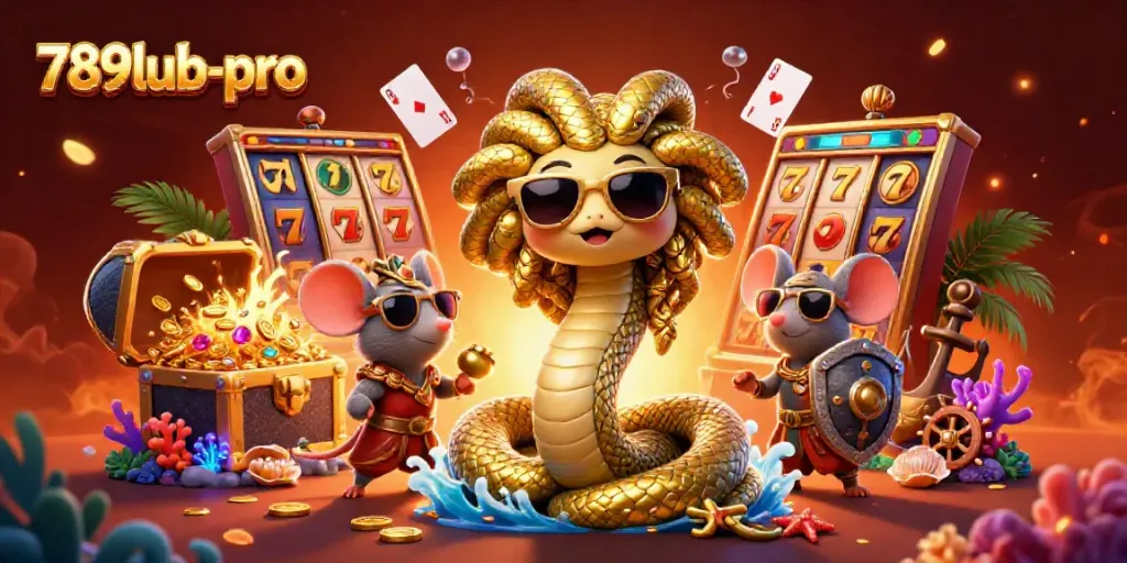 Engage with the vibrant 789lub-pro casino scene featuring Medusa and warrior mouse amidst slots and treasures.