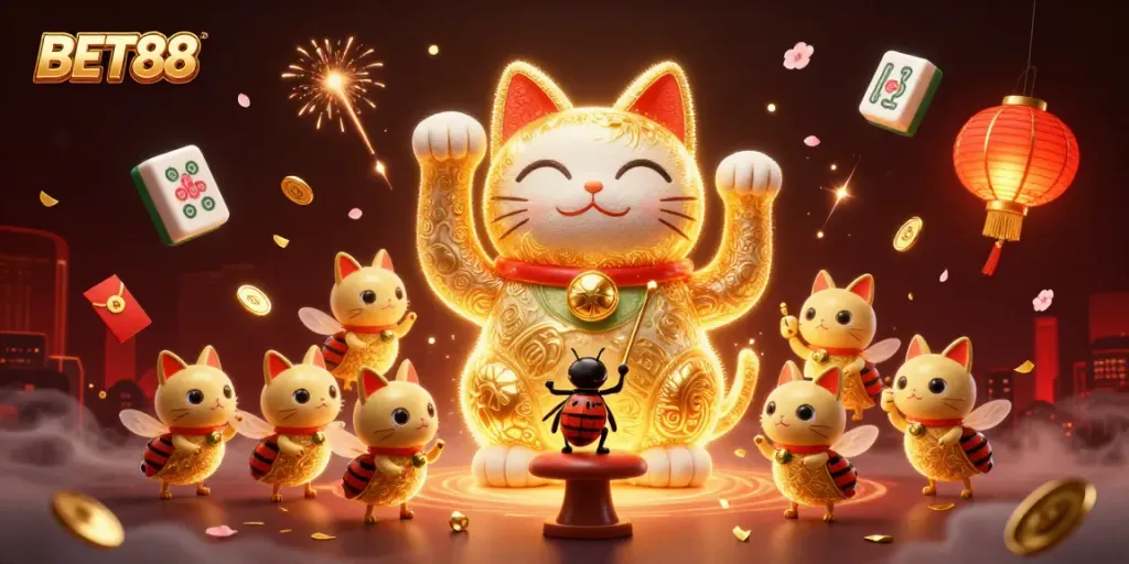 Join the excitement at BET88 with a captivating lucky cat illustration surrounded by rich casino symbols.