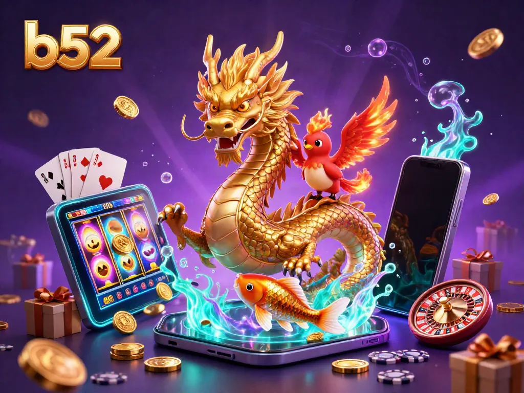 Engage with the thrilling b52 casino experience featuring a dragon, phoenix, and lucky koi amidst vibrant gaming elements.