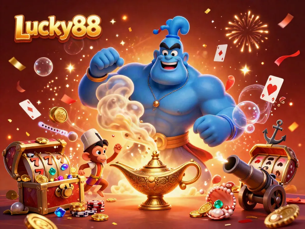 Experience the thrill of Lucky88 with a vibrant genie and magic elements amidst casino symbols.