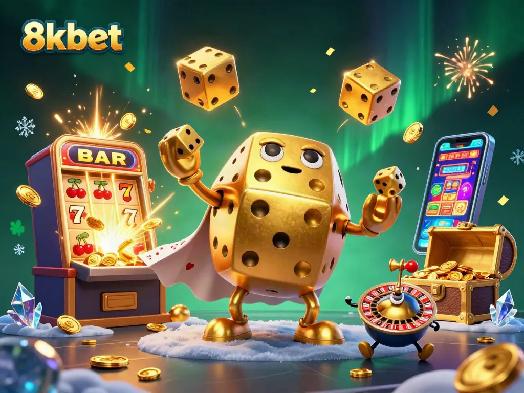 Engage with 8xbet through this vibrant 3D illustration featuring exciting casino elements and characters.