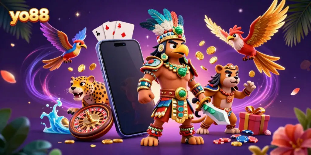 Experience thrilling gameplay with yo88 in a vibrant casino scene featuring an Aztec warrior and dynamic game elements.