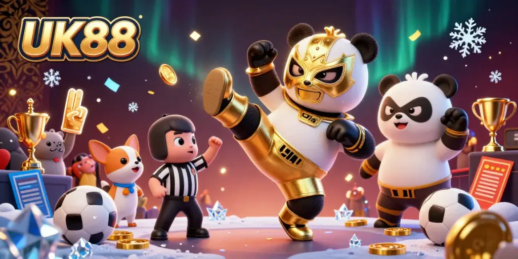 Witness UK88's thrilling sports betting scene with a panda wrestler and cheering animals.