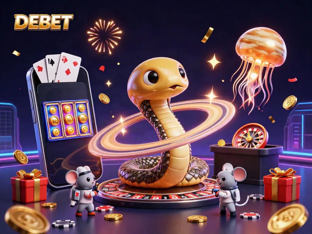 DEBET showcases vibrant casino action with a Saturn snake roulette wheel and astronaut mice betting in space