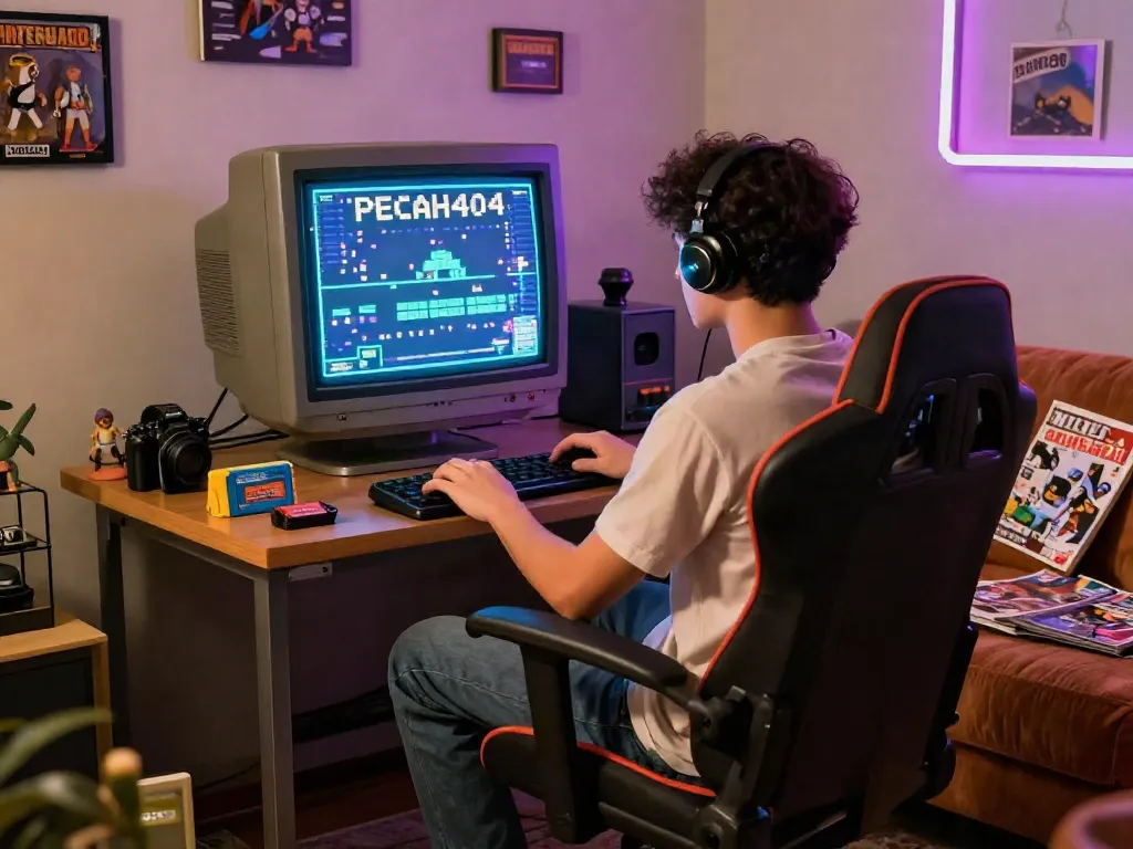 Gamer enjoying PECAH404 in a retro-themed room, surrounded by vintage gaming collectibles.