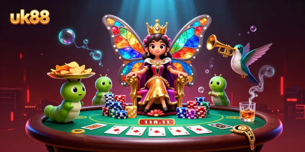 Engage with uk88's vibrant casino scene featuring a butterfly queen amidst poker chips.