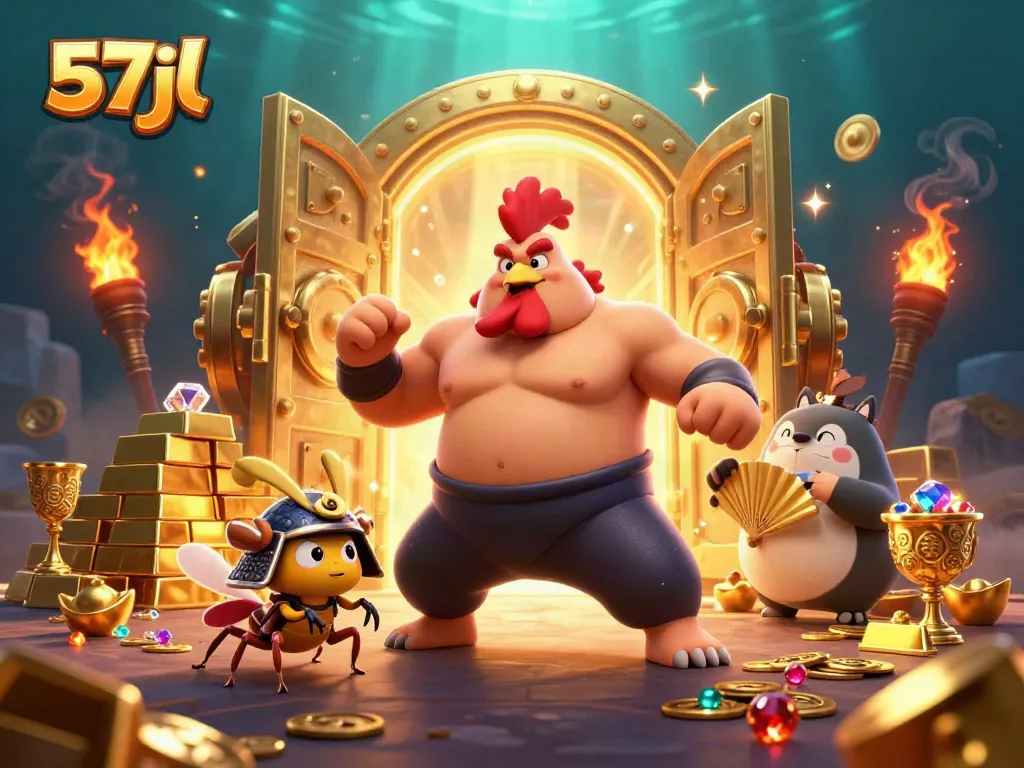 Experience the thrill of 57jl with a dynamic casino scene featuring sumo, samurai, and treasure.