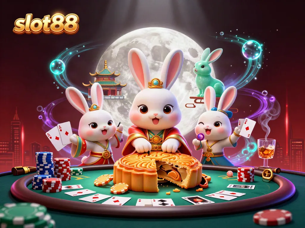 Engage in exciting gameplay with slot88 as a whimsical moon rabbit reveals poker chips.