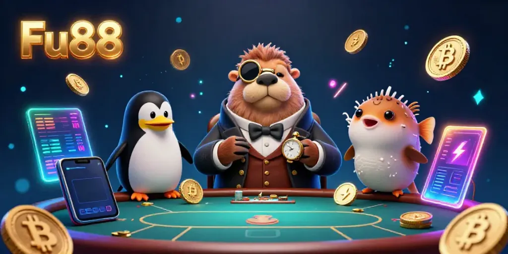 Experience the vibrant gameplay at Fu88 with a jolly walrus and cartoon characters in an underwater poker setting.