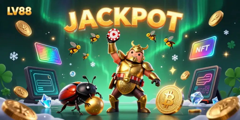 Engage with LV88's vibrant gaming world, showcasing a hercules beetle celebrating a big win while surrounded by cryptocurrency elements.