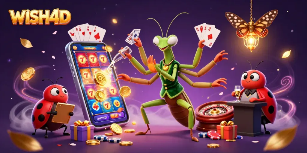 Win big with WISH4D as the mantis card sharp dazzles while dealing cards and pouring champagne!