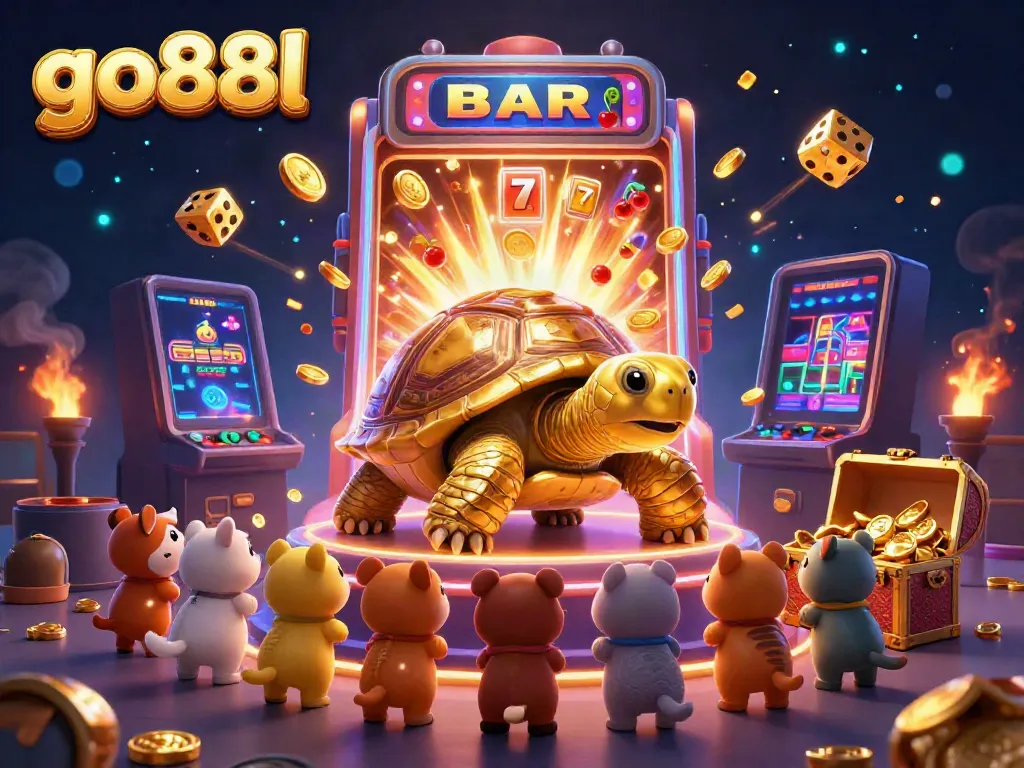 Experience exciting gameplay at go88l with festive slot machines, a golden tortoise character, and engaging casino elements.