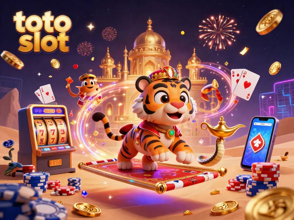 Win big with toto slot amidst a vibrant 3D casino scene featuring a tiger sultan.