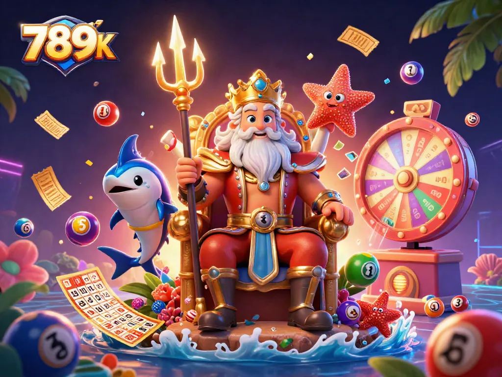 Engage with 789 K's vibrant casino universe featuring a dynamic scene with Neptune and gaming elements.