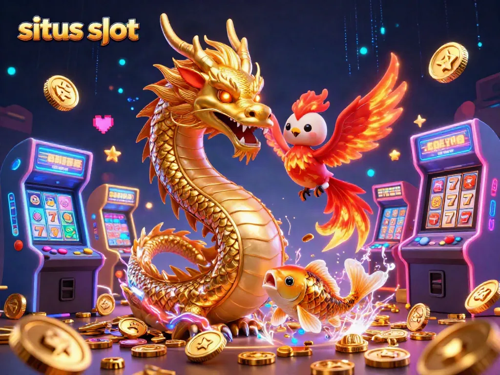 Menangkan hadiah di situs slot terbaik dengan ilustrasi naga emas dan ikan koi berharga melompat.
