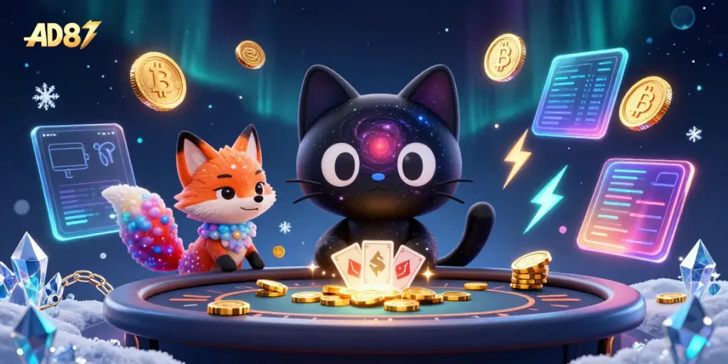 Players win big at AD88 in a vibrant cosmic casino, surrounded by crypto coins.