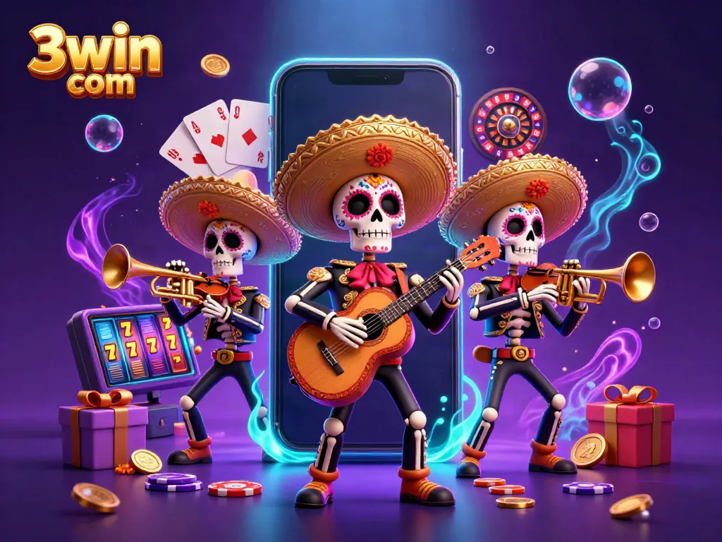 Experience the thrill of online gaming with 3win com, featuring a vibrant mariachi band and dynamic casino elements.