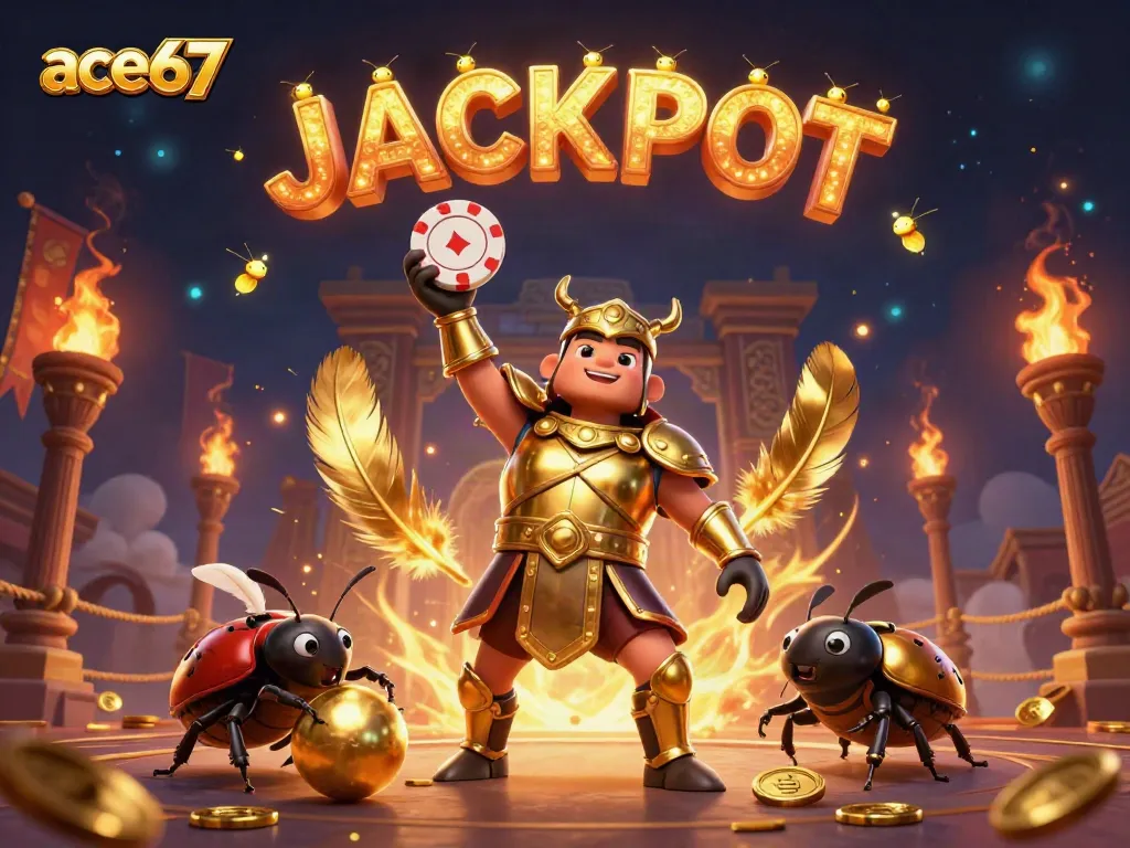 Experience thrilling victories with ace67, as depicted by dynamic hercules and dung beetle characters in a vibrant casino setting.