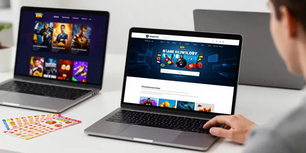 Pengguna menjelajahi SERIBUTOTO dengan laptop dan smartphone, menampilkan akses login dan permainan online.