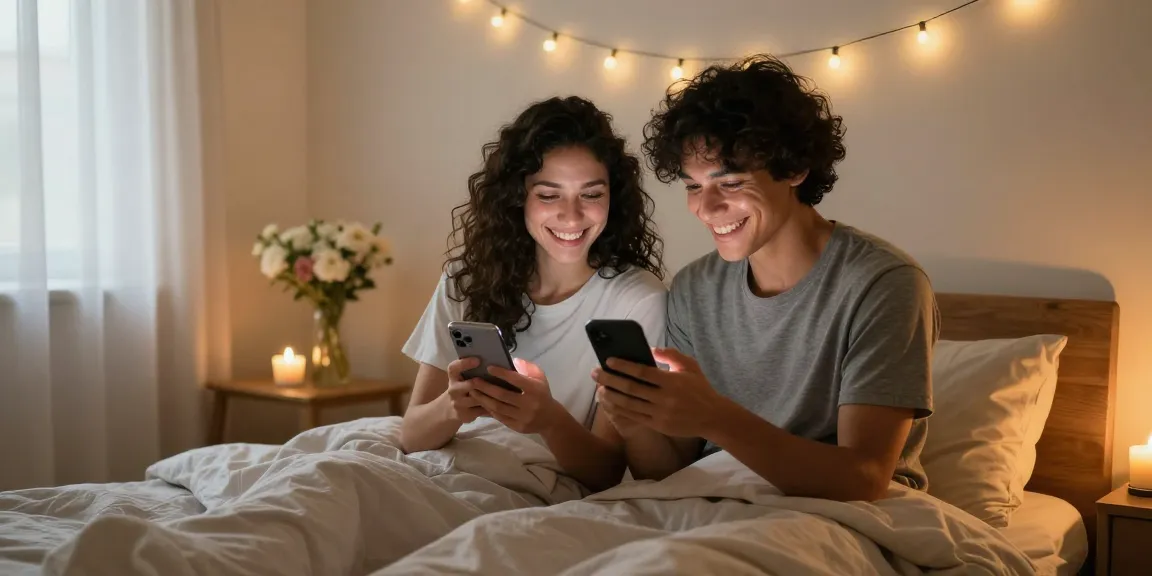 Couple in a cozy bedroom engaging in ai sexting on smartphones, sharing playful messages.