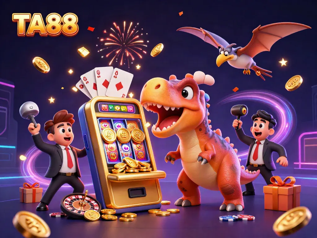 TA88 casino features a pachycephalosaurus winning jackpots amid flying coins in a vibrant 3D scene.