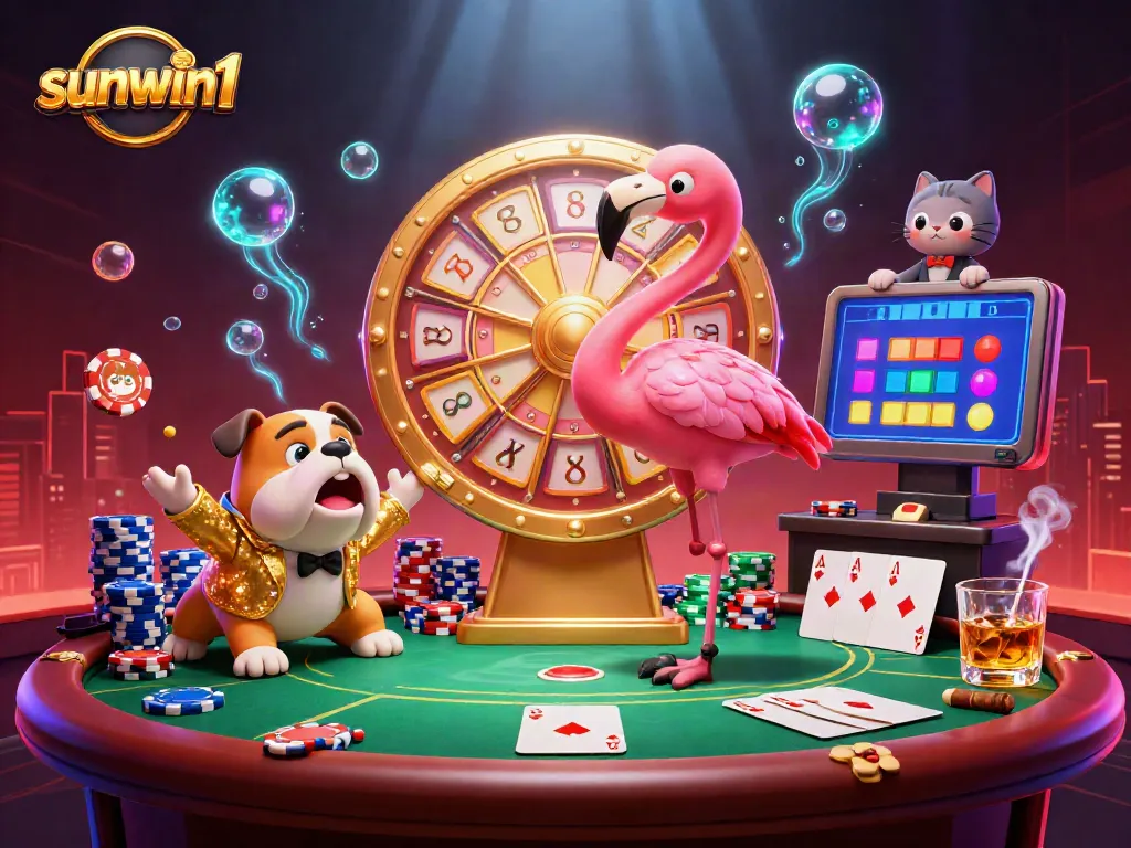 Experience thrilling moments at sunwin1 as the flamingo host spins a golden prize wheel surrounded by poker elements.
