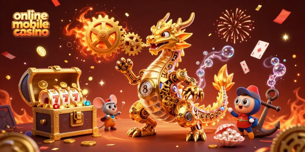 Experience the thrill of online mobile casino gaming with a golden dragon and colorful game elements.