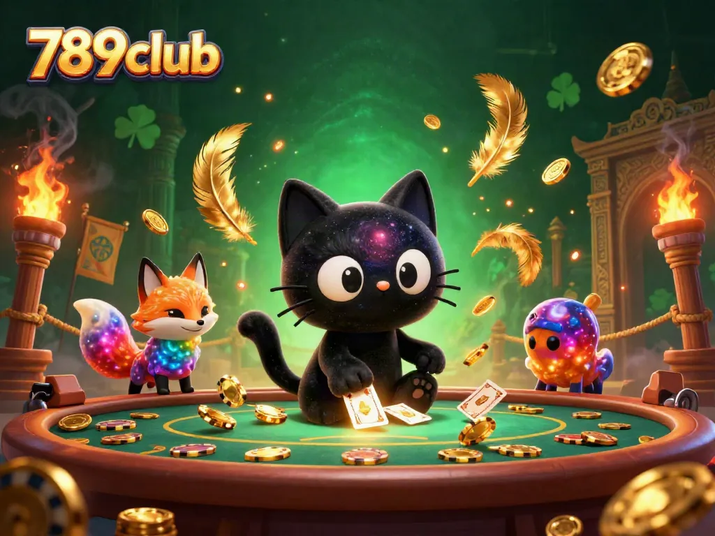 Experience thrilling gameplay at 789club, featuring a black hole cat and nebulous fox in a cosmic casino setting.