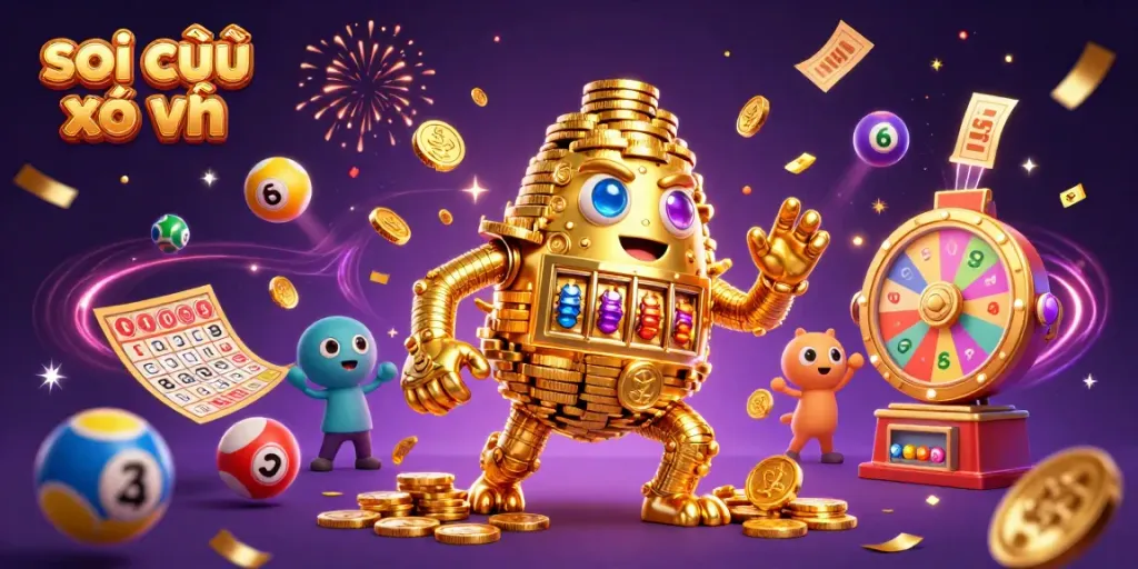 Engaging scene of soi cầu xổ số with enchanting golden golem and dynamic lottery elements.