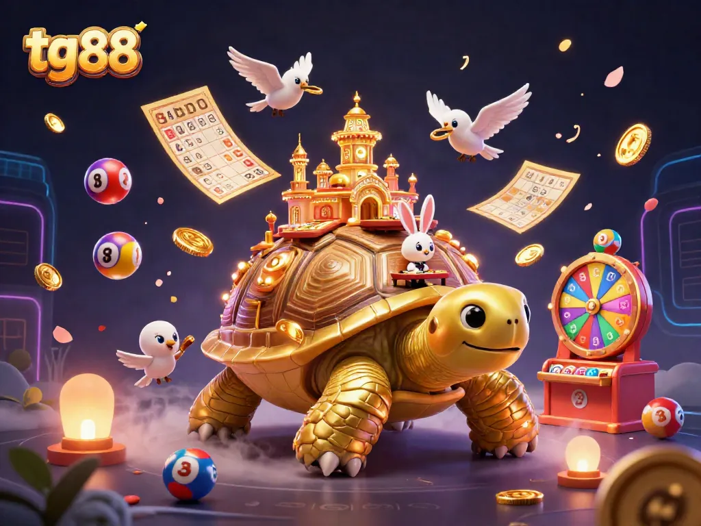 Engage with tg 88's exciting universe featuring a golden tortoise casino surrounded by vibrant game elements.
