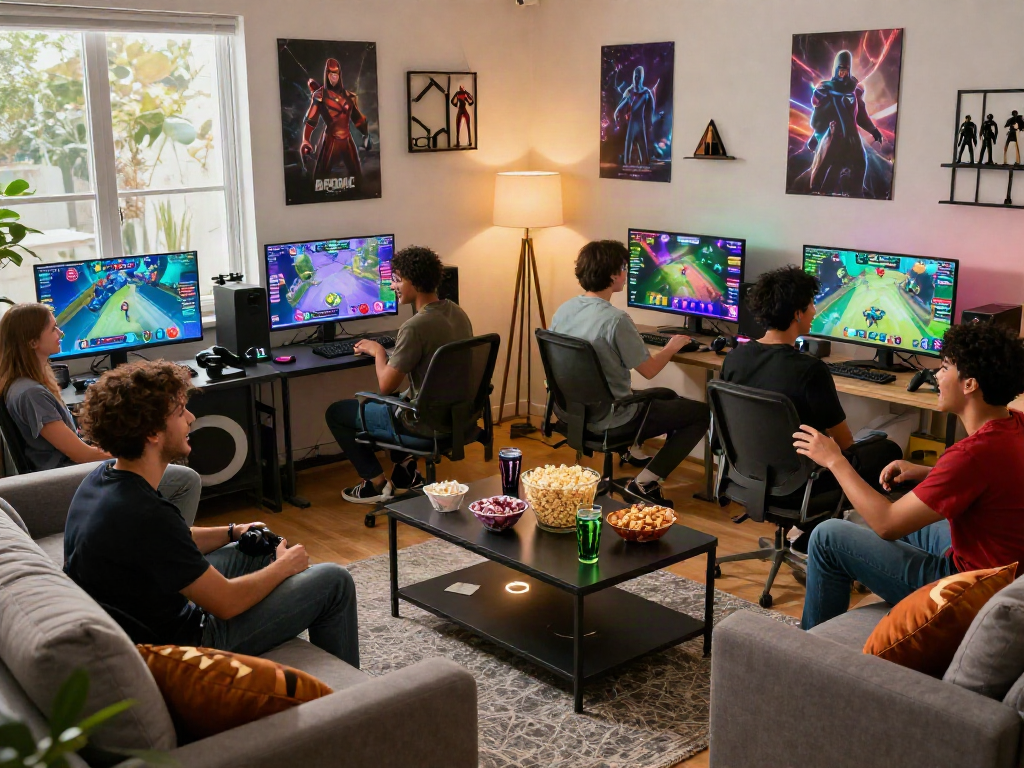Engaged gamers discussing strategies in a vibrant online gaming community setting, promoting 먹튀스팟.