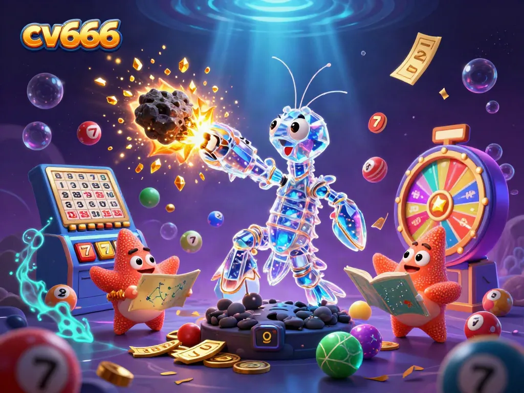 cv666 showcases a galactic samurai mantis shrimp amidst explosive winning gems in a vibrant casino scene.