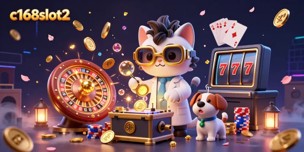 Experience the excitement of c168slot2 with dynamic 3D cartoon elements showcasing vibrant casino imagery.