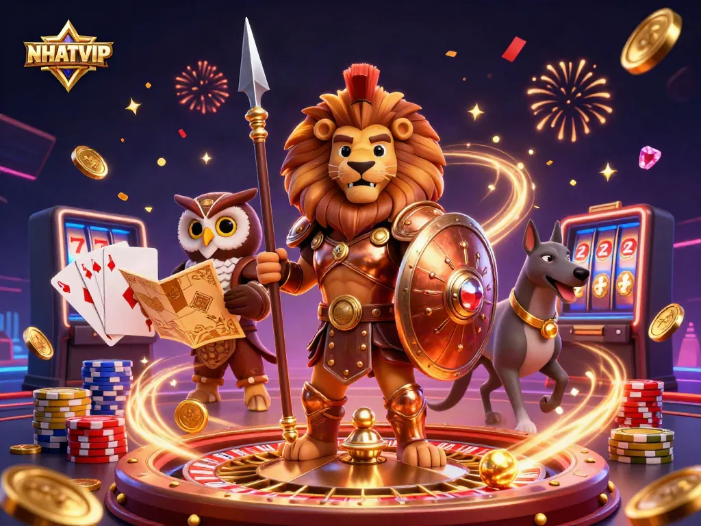 Engage with NHATVIP's lively casino experience featuring a lion hero, owl strategist, and greyhound messenger with dynamic gaming elements.
