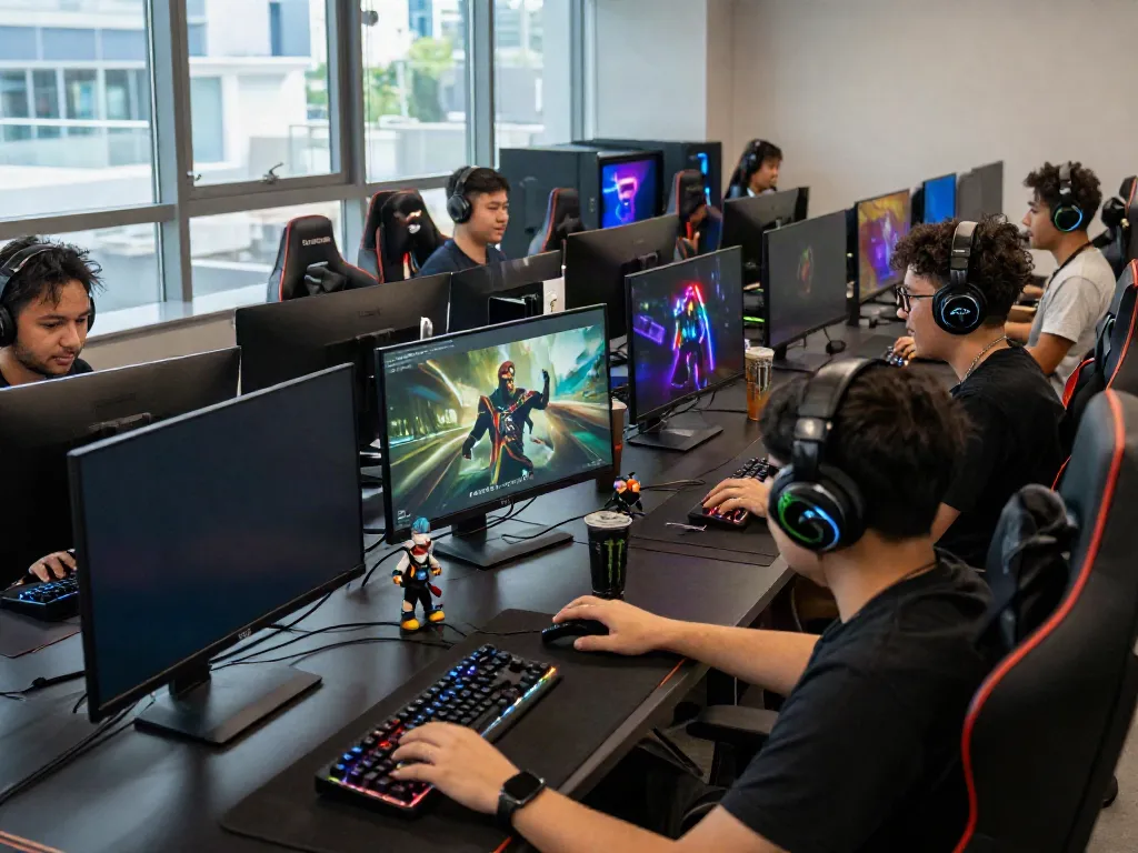 Kilat404 gamers enjoying a thrilling online gaming session in a vibrant gaming lounge.