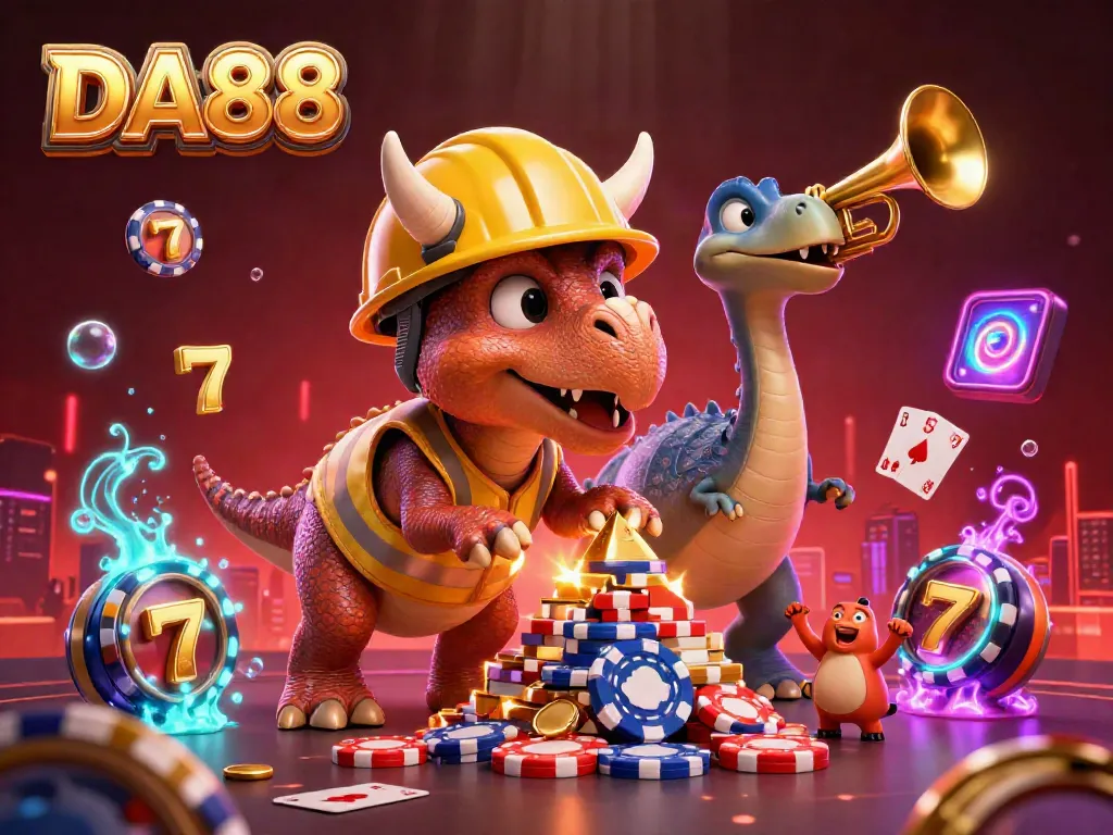 Celebrate big wins at DA88 with a vibrant scene of a triceratops and friends building poker chip pyramids in a lively casino.