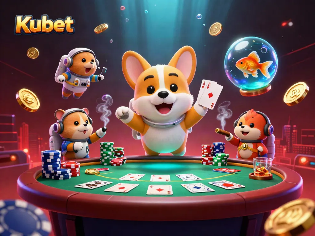 Kubet’s exciting gambling scene with an astronaut corgi, poker chips, and vibrant gaming elements