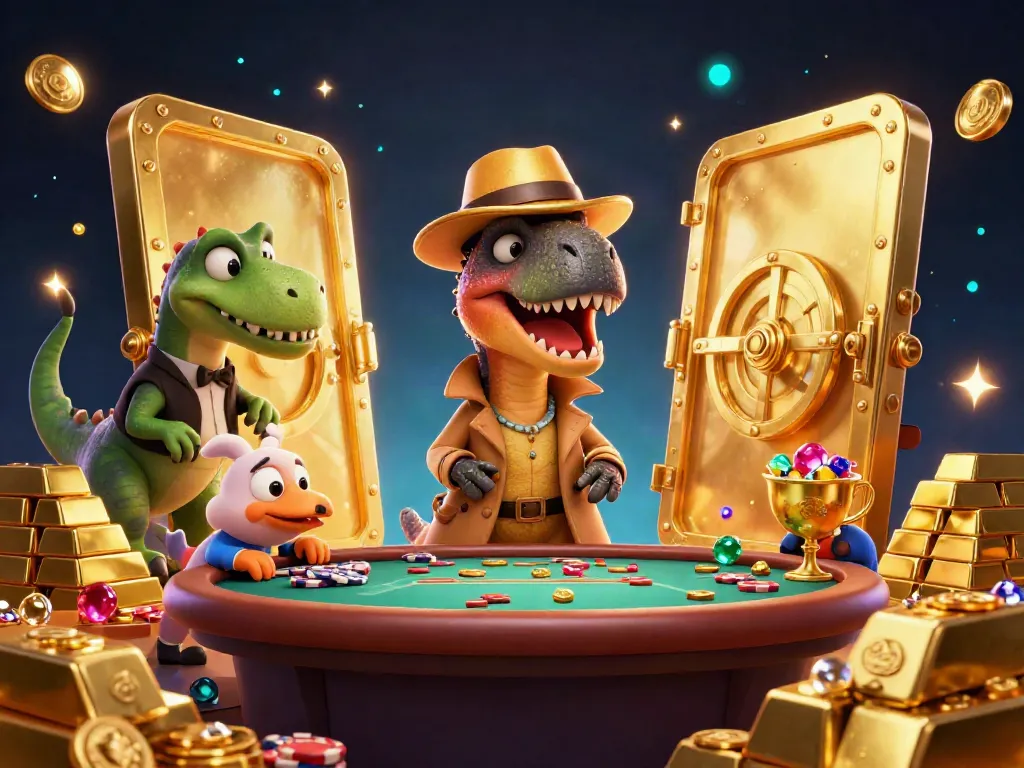 Zowin's thrilling casino scene with a velociraptor card counter at blackjack, surrounded by treasures and action.