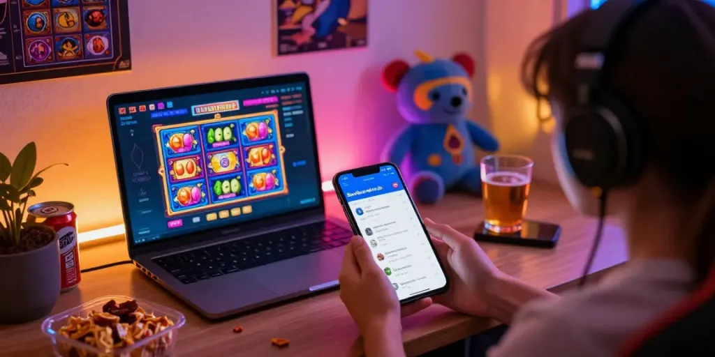 Situs gacor gaming experience with a user enjoying a mobile app in a cozy nook.