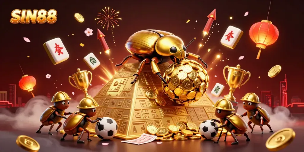 SIN88 presents a fun gambling scene with a golden beetle pushing a massive coin ball surrounded by sports betting elements.