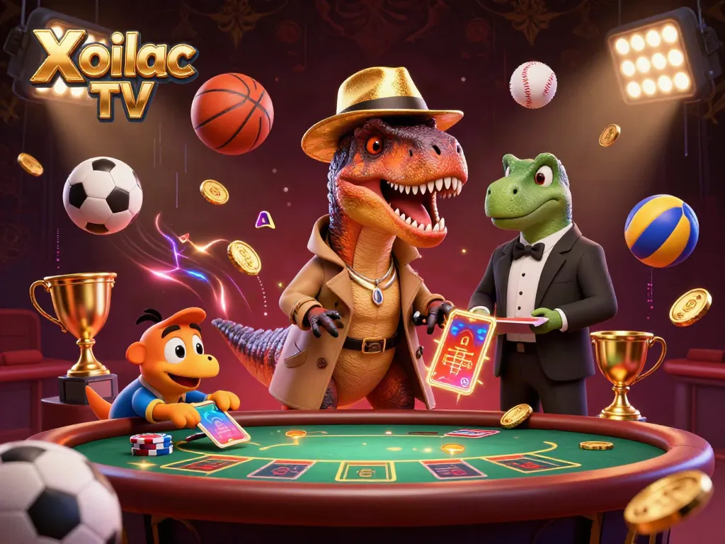Xoilac TV showcases a thrilling gambling moment with a cartoon velociraptor and sports elements in an exciting casino setting.