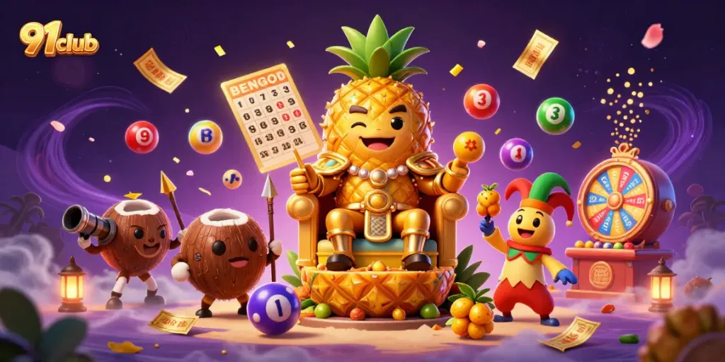 Experience the vibrant world of 91club with a dynamic illustration of colorful gambling elements and characters.