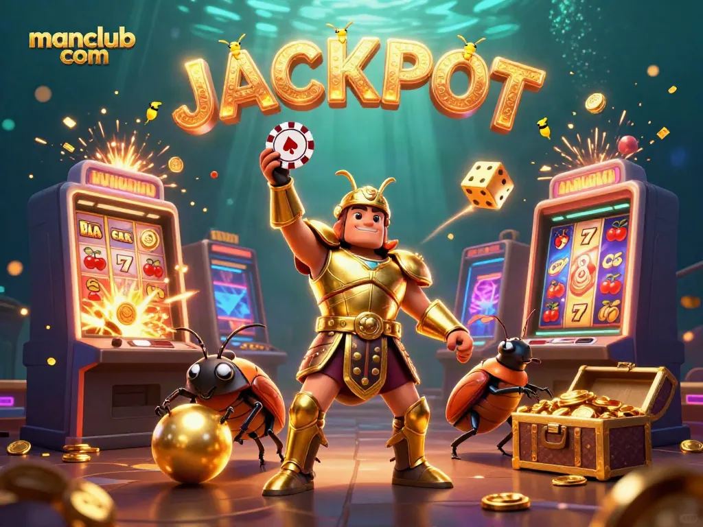 Experience excitement at manclub com with a triumphant beetle lifting poker chips amid a jackpot explosion.