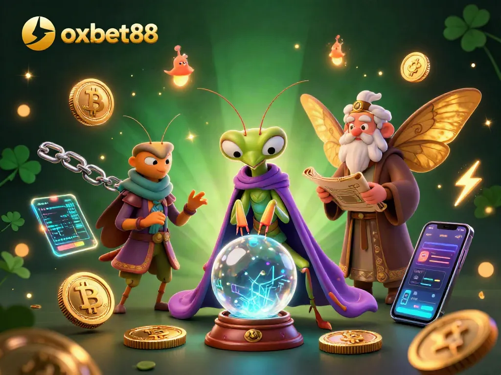 Play games at oxbet88 with a vibrant 3D casino scene featuring mystical characters and glowing crypto elements.